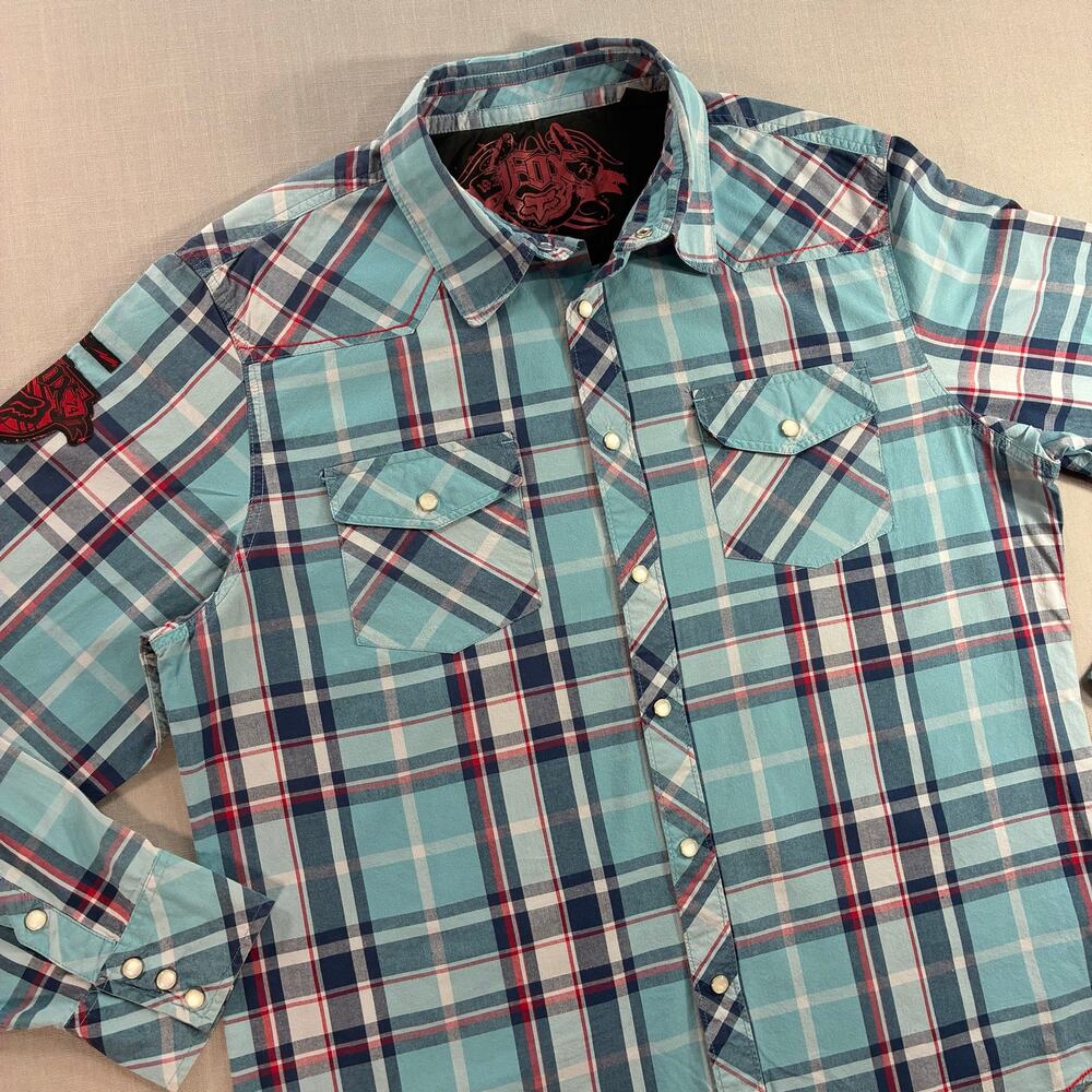 Fox Racing Mens Large Plaid Pearl Snap Western Shirt Blue Red Long Sleeve Moto